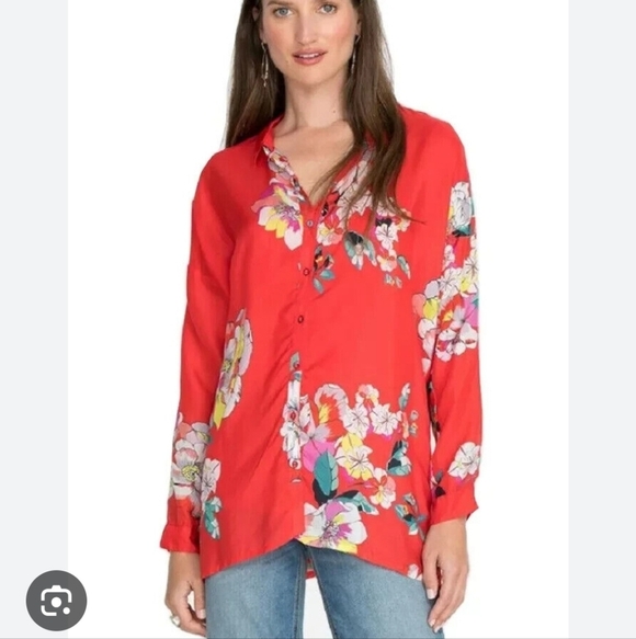 Johnny Was Tops - Johnny Was Passion Iris Silk Button Front Shirt Small Red Floral Print